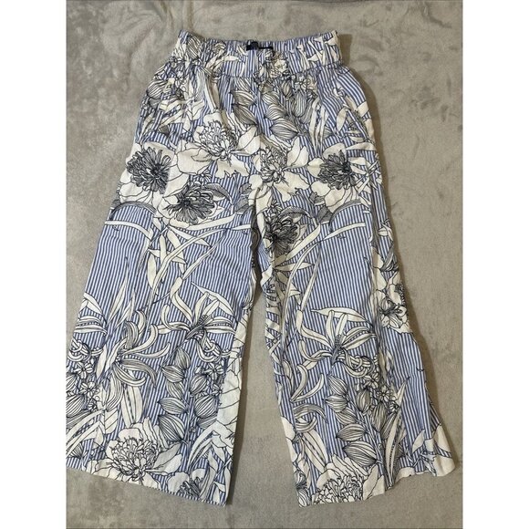 Zara Women’s Small Wide Leg Pants Blue White Stripe Floral Print Cropped - Picture 4 of 8